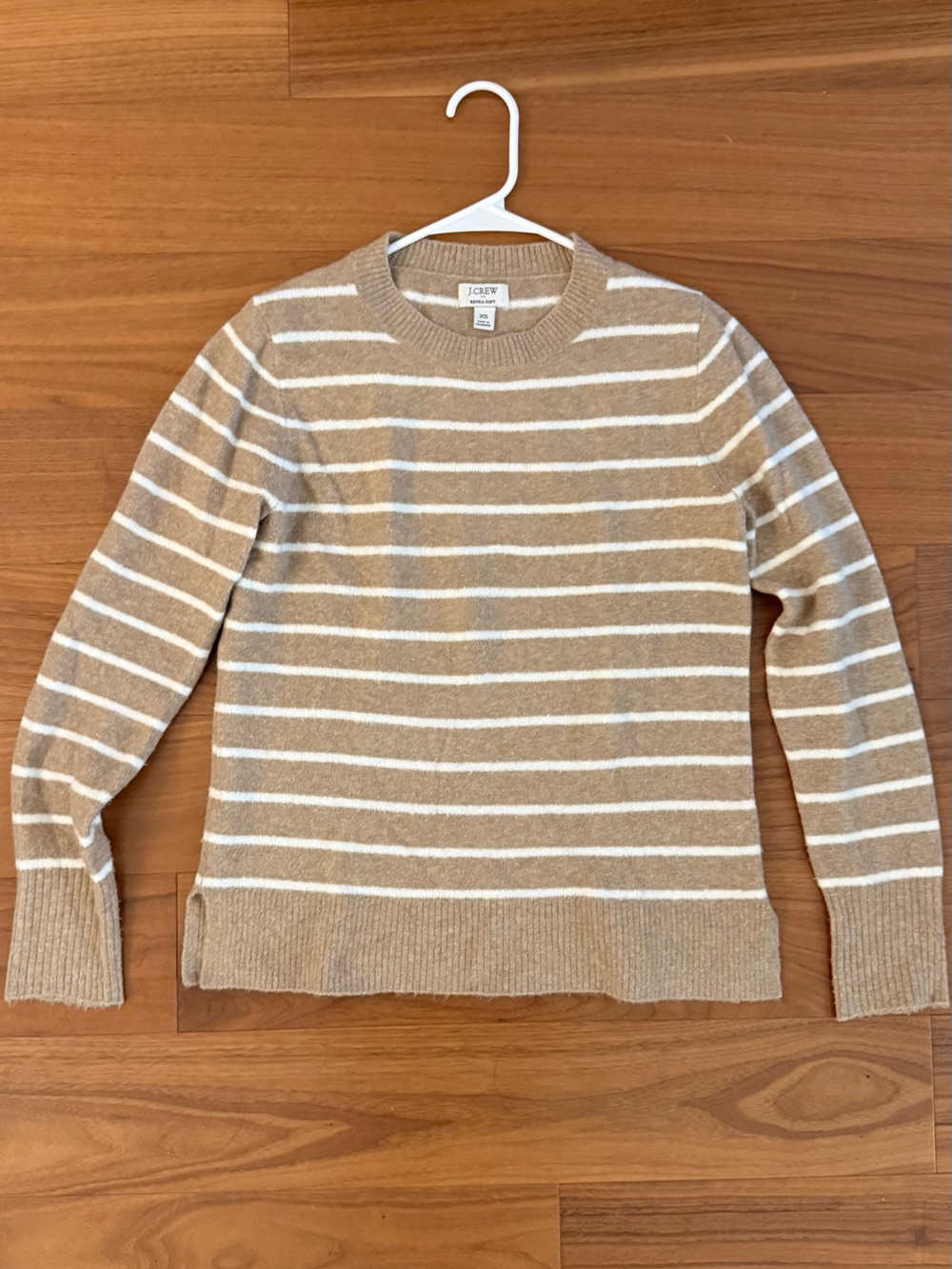 J. Crew Tan and White Striped Crewneck Sweater